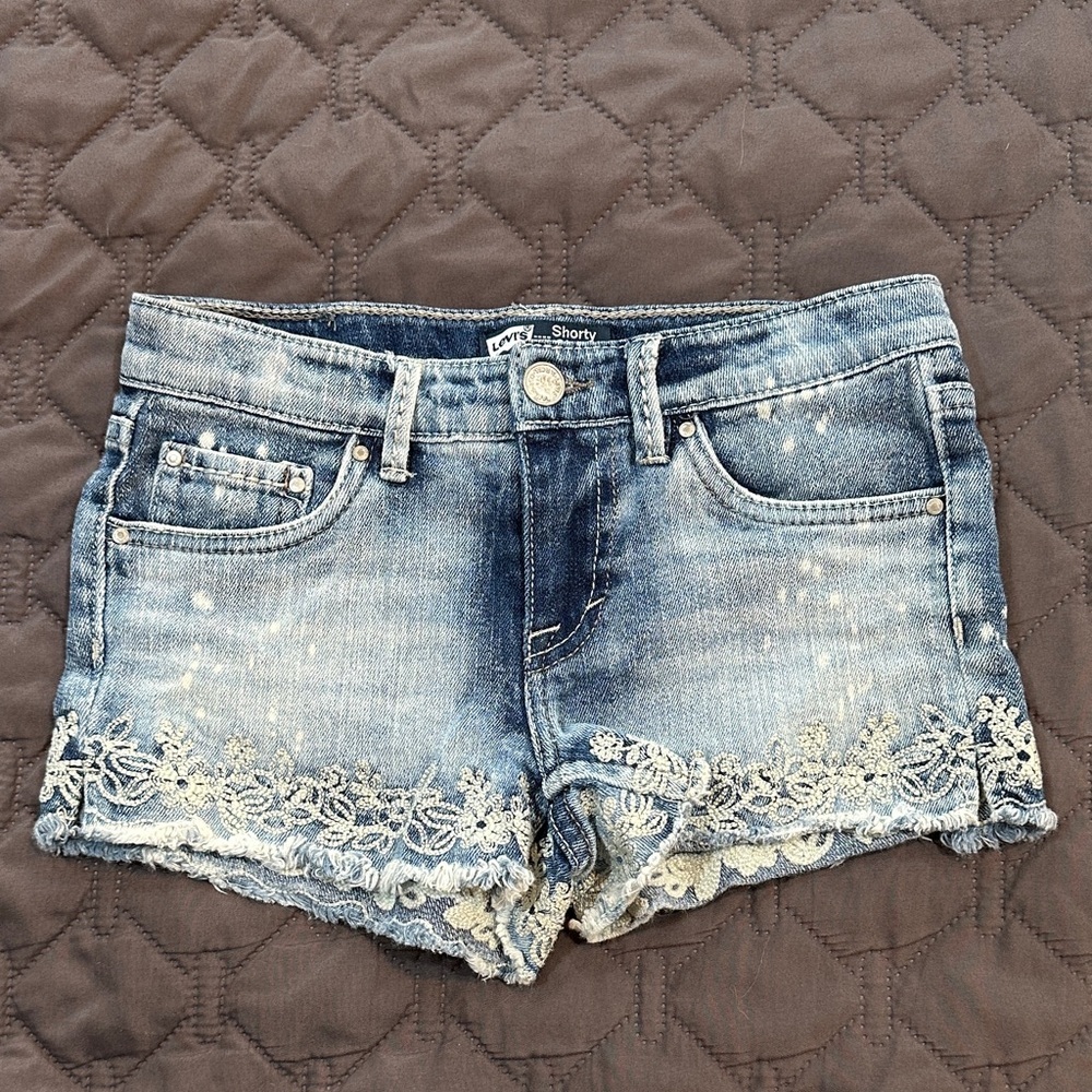 Levi's Girl’s Embroidered Denim Shorty Shorts with Floral Lace